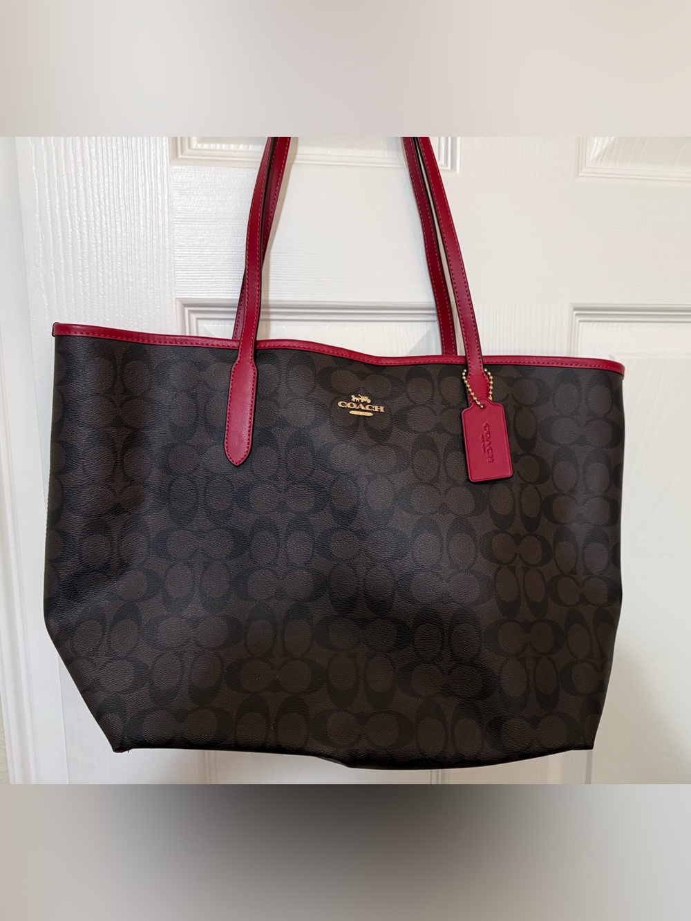 Coach Brown Signature Tote with Red Trim